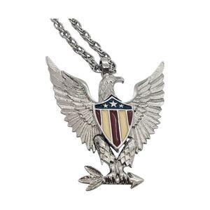 Vintage Silver Eagle Pendant Necklace Patriotic Shield 1970s Large Chain Moves